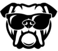 Black and white illustration of a dog wearing sunglasses with a fish on its head.