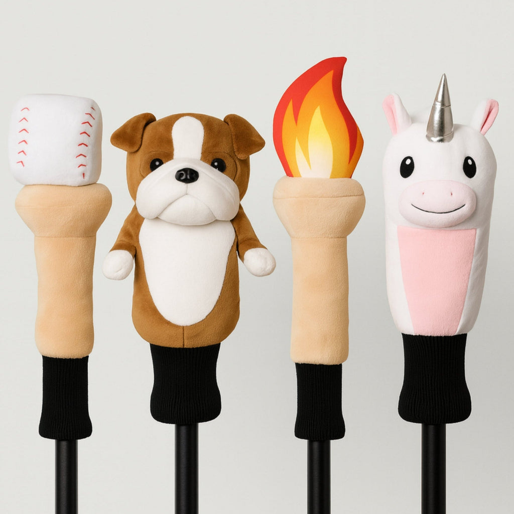 Four novelty golf club heads with animal and themed designs on a light gray background.